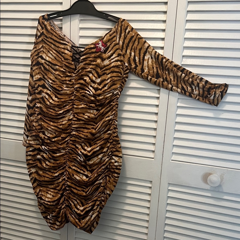 Tiger Print Long Sleeve Dress w/red sequins star/WHT horse design by Julie Lee